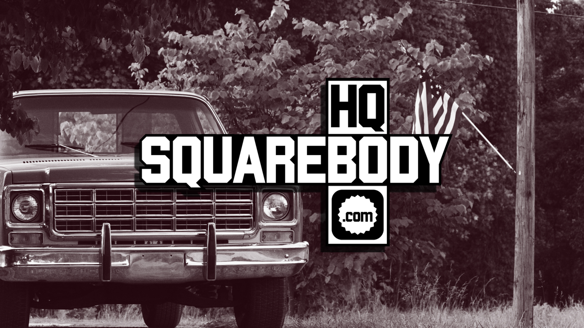 A vintage pickup truck is parked outdoors in front of trees, with a large overlaid logo reading 'HQ SQUAREBODY.com' across the center.